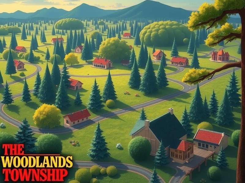 The Woodlands Township in-game screenshot showing lush forests and buildings