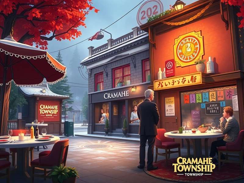 A vibrant and well-organized Township city layout with farms, factories, and decorations