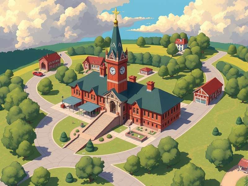 Scenic landscape of a peaceful township with green fields and classic American architecture