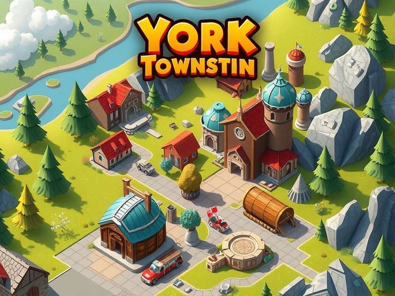 A vibrant panoramic view of York Township in the Township game, showing farms, factories, and decorative buildings