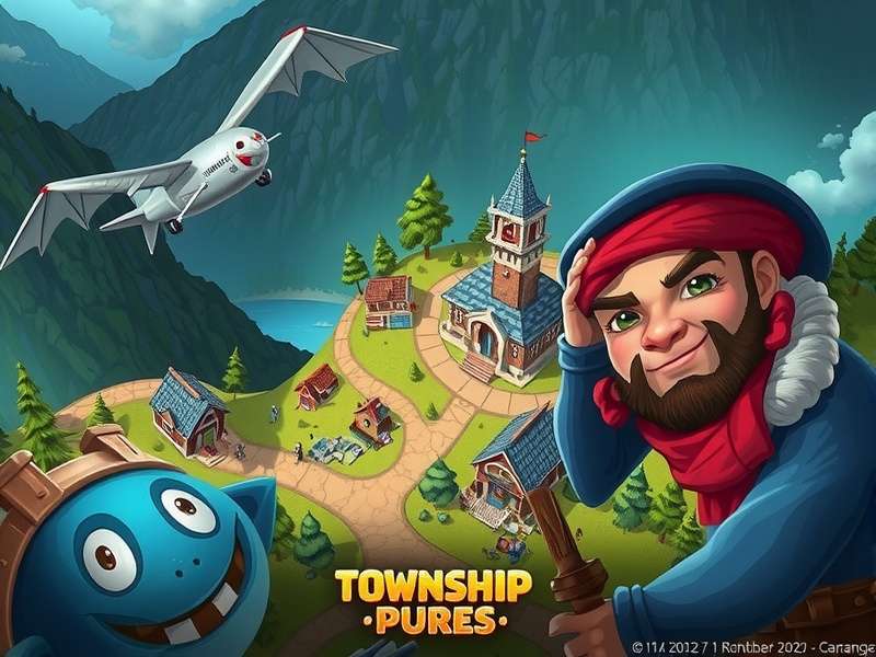 Township PC Gameplay on a widescreen monitor showing a bustling city and farmland