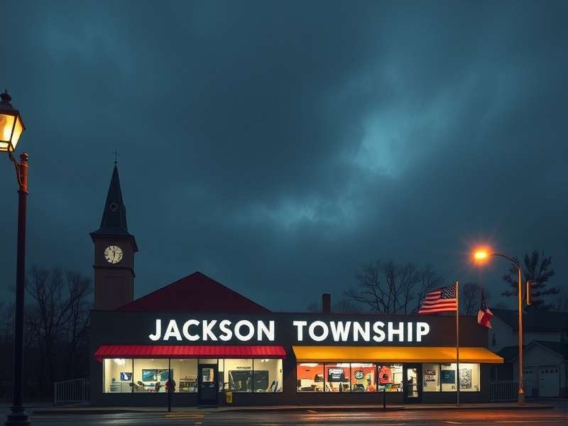 A vibrant panoramic view of Jackson Township showcasing farms, factories, and community buildings