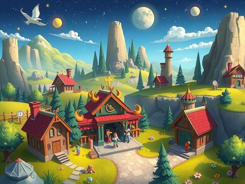 A beautifully designed Orion Township layout showing farms, factories, and community buildings