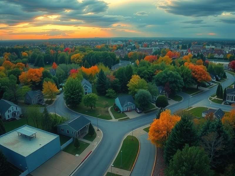 Aerial view of a well-planned township with green spaces and buildings