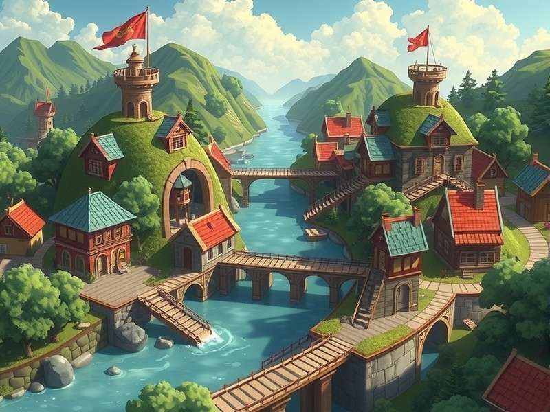 A vibrant Township scene with farms, factories, and community buildings under a sunny sky