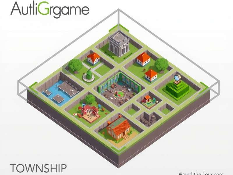 A beautifully organized Township layout with farms, factories, and decorative elements arranged in a grid pattern