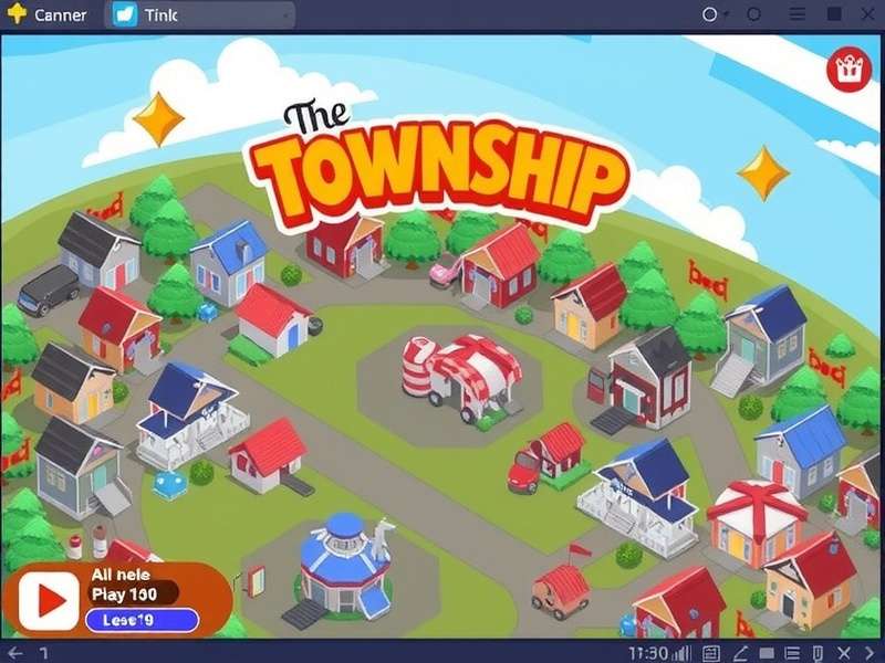 Township game aerial view with farms, factories and community buildings under golden sunlight