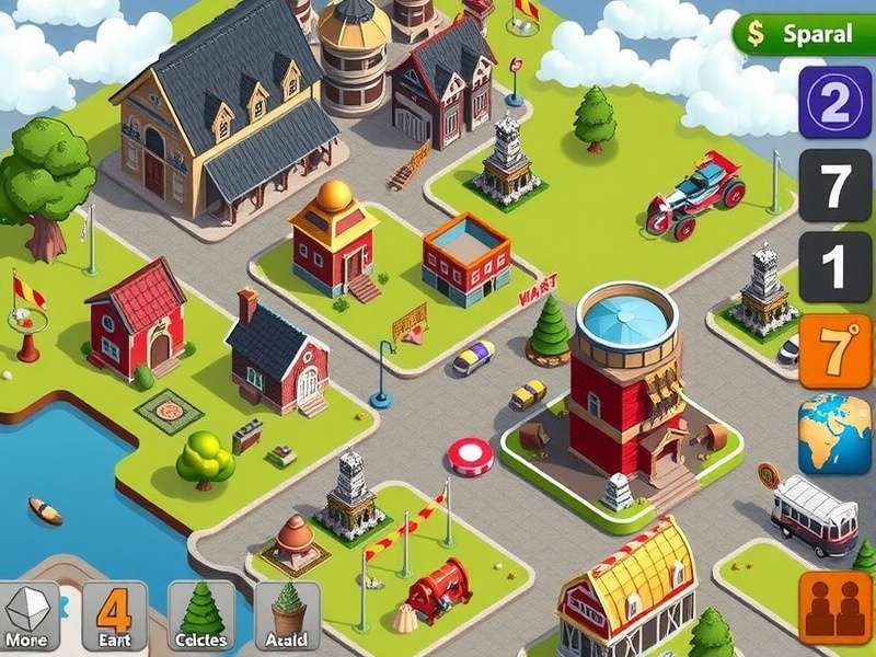 A vibrant and well-designed virtual township with colorful buildings, parks, and farms