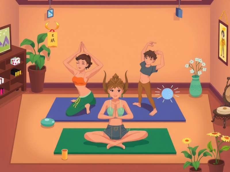 Township Game Yoga Center – serene yoga studio with players meditating